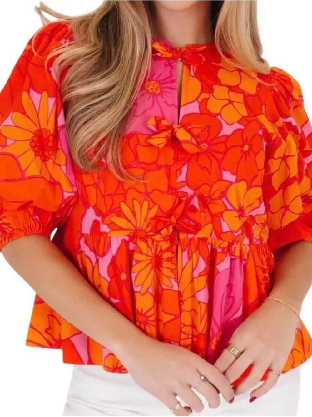 J. Marie Floral Puff-Sleeve Peplum Top in Orange and Pink, Size S